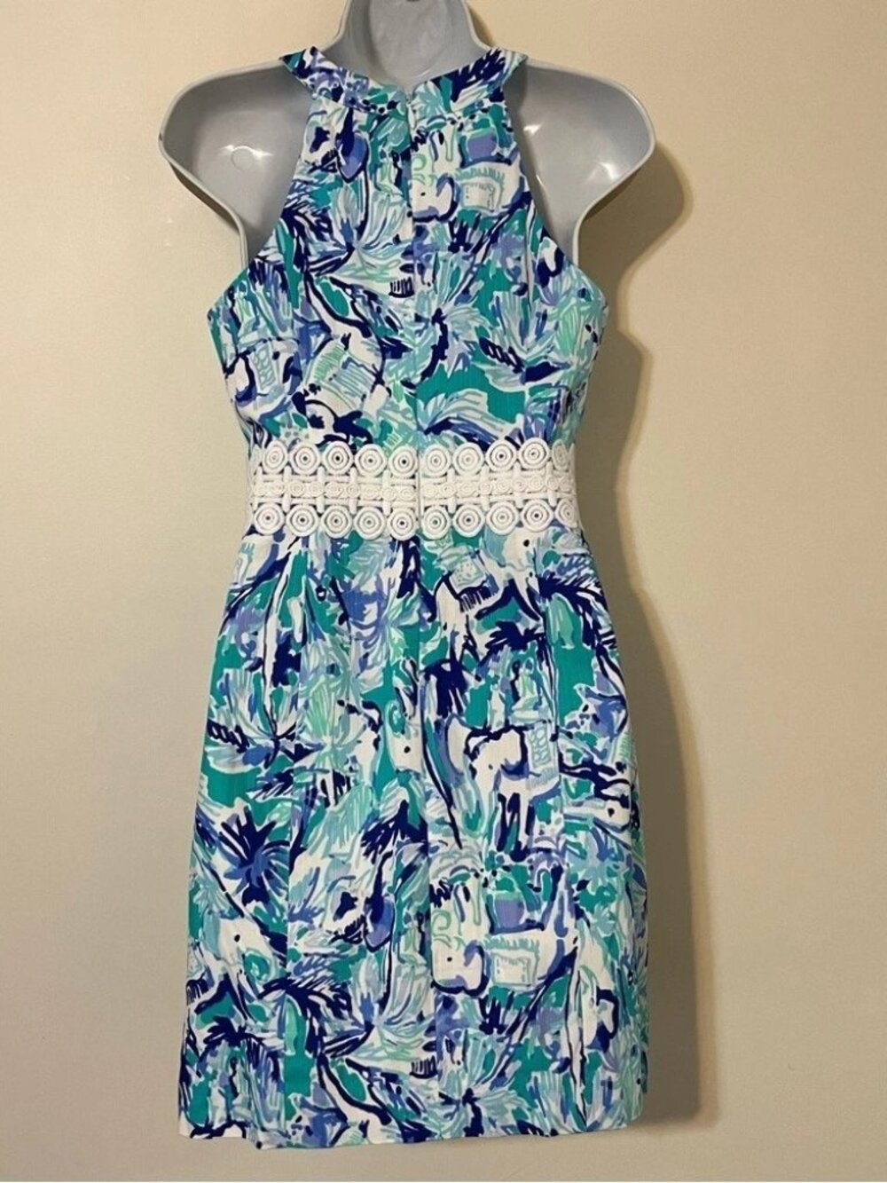Lilly Pulitzer Ashlyn Blue Shift Dress Size 00 Halter Style Neck Lace Waist 0094